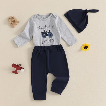 Toddler boys tractor outfit set with gray long sleeve shirt and navy blue pants and hat
