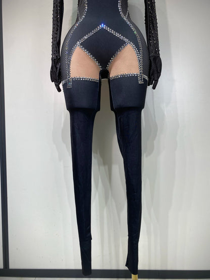 STOCK Sparkly Diamond Women Sexy Mesh Jumpsuit Nightclub Bar Party Show Gogo Dancer Clothing Drag Queen Outfit Stage Costume