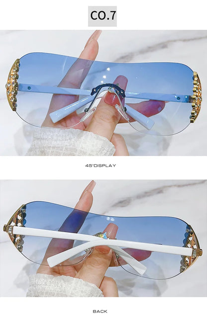 Luxury One-Piece Rimless Sunglasses Oversized Diamond Brand Designer Sun Glasses for Women Steampunk Eyewear UV400 Oculos De Sol