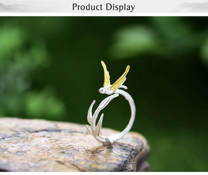 Lotus Fun 18K Gold Swallow Willow Branch Unusual Asymmetrical Rings for Women Real 925 Sterling Silver Original Fine Jewelry