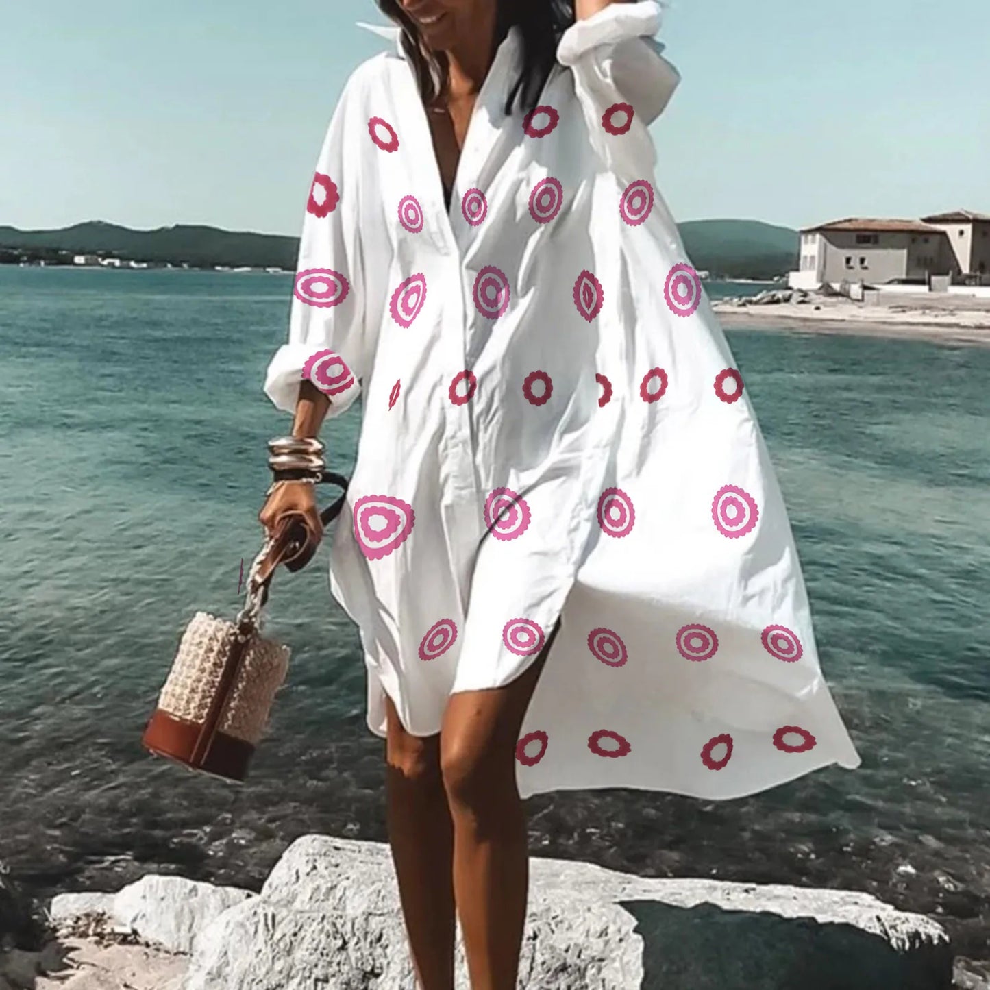 Beach Dress Bikini Cover-Up Women 2025 Bohemian Printed Beachwear Robe V-Neck Long Sleeve Swim Wear Cover Ups Loose Sundress