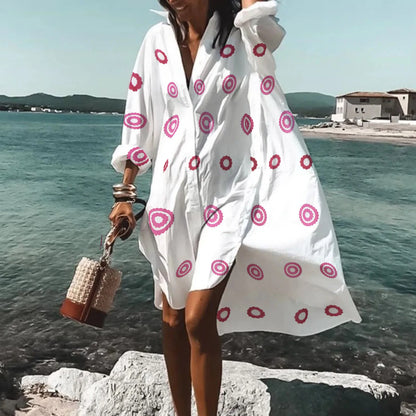 Beach Dress Bikini Cover-Up Women 2025 Bohemian Printed Beachwear Robe V-Neck Long Sleeve Swim Wear Cover Ups Loose Sundress