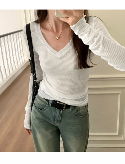 Autumn Sexy Classic V-neck Knitted Female T-shirts New Elastic Fashion Slim Simple Casual Pure Color Long Sleeves Women T-shirts