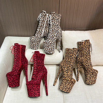 Sexy Fetish Leopard 20cm/8Inch Women's high-heeled Ankle Boots Lace-up Zip Platform Suede Pole Dance Shoes Large Size 44 WESTERN