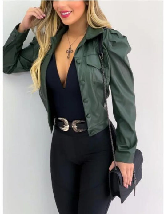 Women's Fashion Collar PU Leather Short Cardigan Jacket Fashionable Street Style Commuting Jacket Casual Versatile Wear