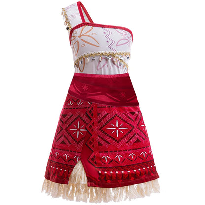 EtherealBe kids Moana 2 Halloween costume featuring a vibrant red dress with traditional patterns and tassel details