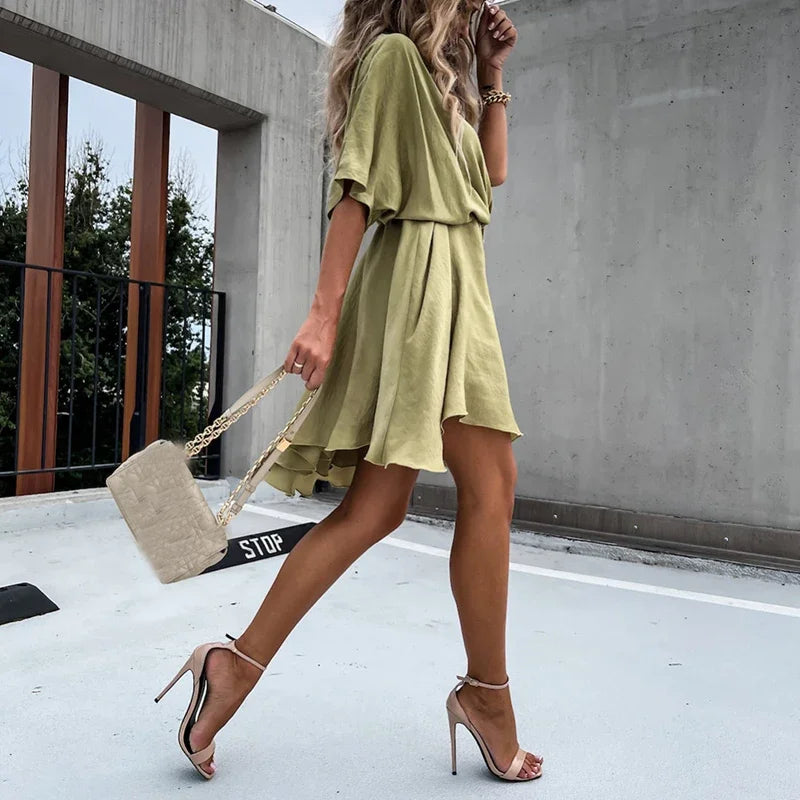 Sexy V Neck Dresses For Women Elegant Short Sleeve Solid A-line Loose Mini Dress Women Casual Beach Party Dress Boho 2022