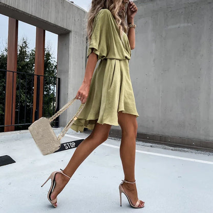 Sexy V Neck Dresses For Women Elegant Short Sleeve Solid A-line Loose Mini Dress Women Casual Beach Party Dress Boho 2022
