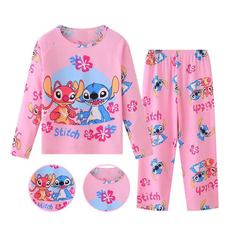 Children's Stitch pajamas set featuring bright pink fabric with colorful Stitch and Angel characters