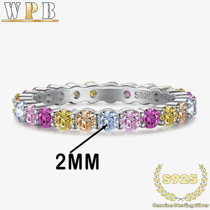 Genuine S925 Sterling Silver Sparkling Colorful Zircon Ring - Elegant 2mm Round Multicolor Jewelry for Party Wedding Daily Wear