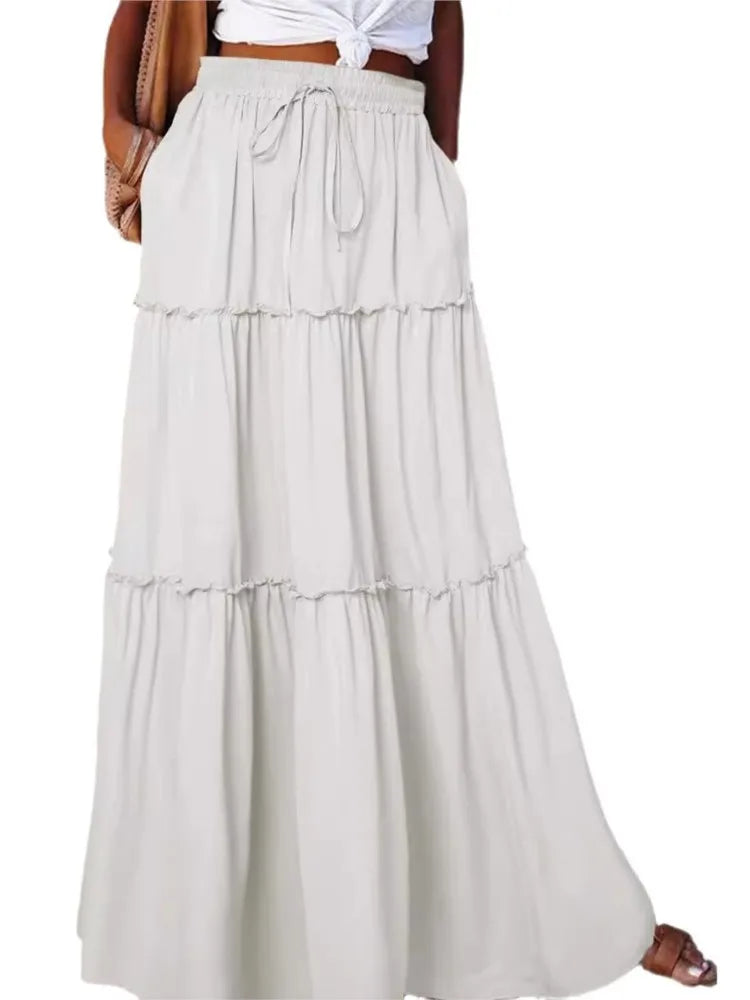 Women's Spring  Autumn New Long Skirt Solid Color Fashionable Mushroom Layered Skirt High Waist Elastic Ruffle Skirt