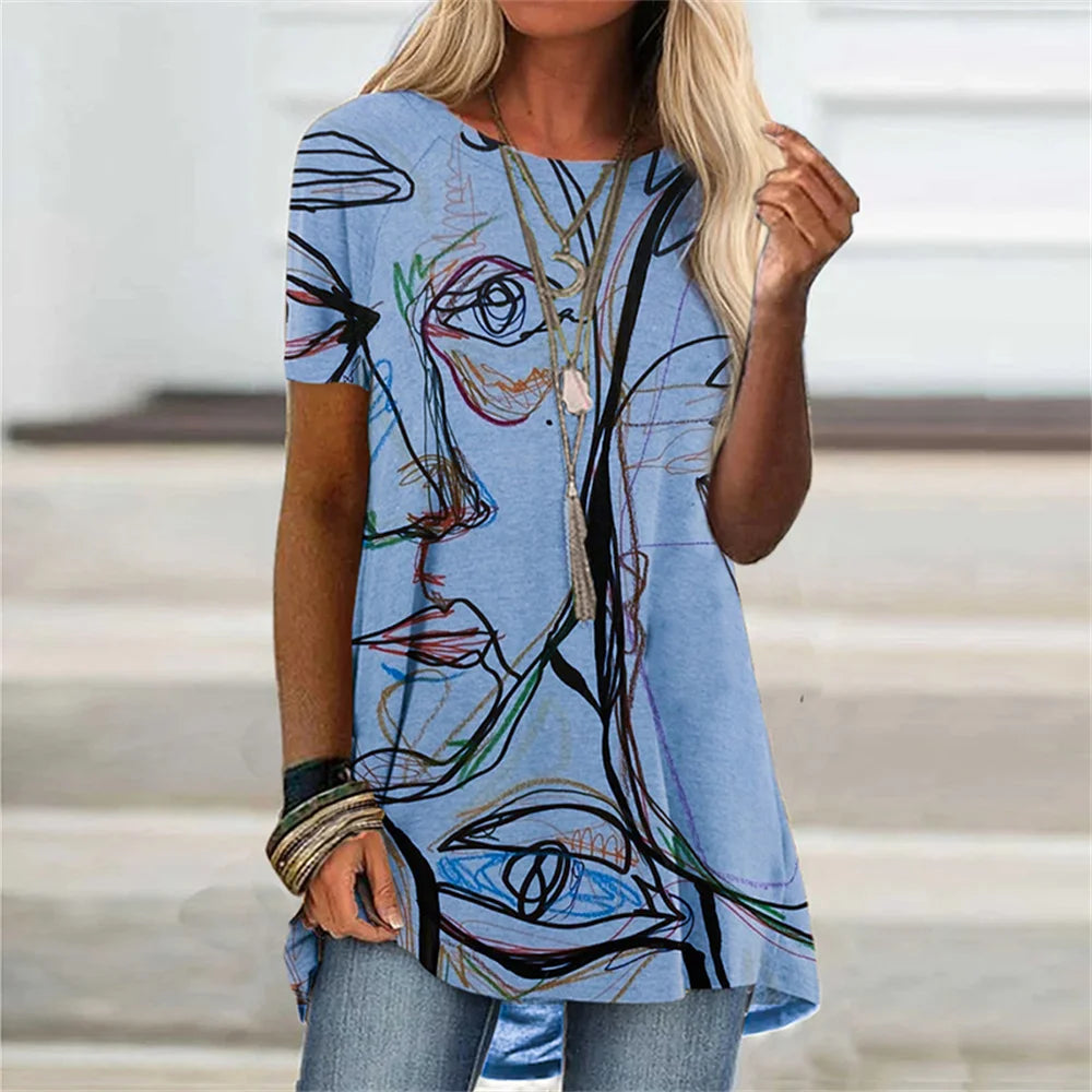 Abstract Face Graphic 3D Print T-shirt Summer Streetwear Retro Women Short Sleeve T Shirts Y2K Tops Woman Tee Oversized Clothing