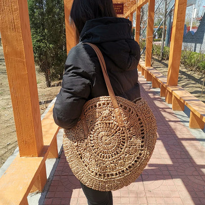Round Straw Beach Bag Vintage Handmade Woven Shoulder Bag Raffia circle Rattan bags Bohemian Summer Vacation Casual Bags