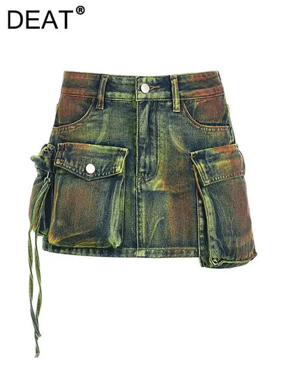 DEAT Women's Denim Skirts Tie-dye Green Irregular Spliced Multiple Pockets Cargo Mini Skirt 2025 Summer New Fashion 29L3411