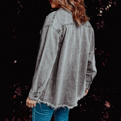 Women’S Denim Jackets Ripped Hem Gray Jeans Jacket Shacket Female Casual Loose Denim Coats Overcoats Oversized BF Denim Jacket