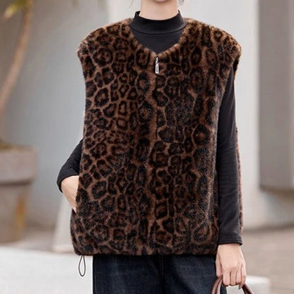 Winter fashion  casual senior sense thin  fur integrated leopard print vest warm top clothing  chalecos para mujer
