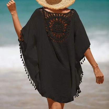 Women Casual Bohemian Holiday Outfits Beachwear Bikini Cover Up Summer Solid Color Hollow Out Beach Dress