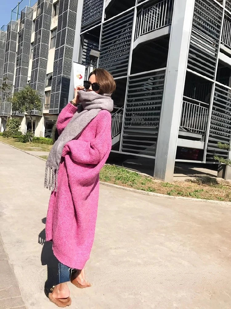 Winter Women Dress Fall Sweater Women Dress Long Sleeve Knitted Dresses Maxi Vintage Oversize Dresses Knitting Thick Warm Purple