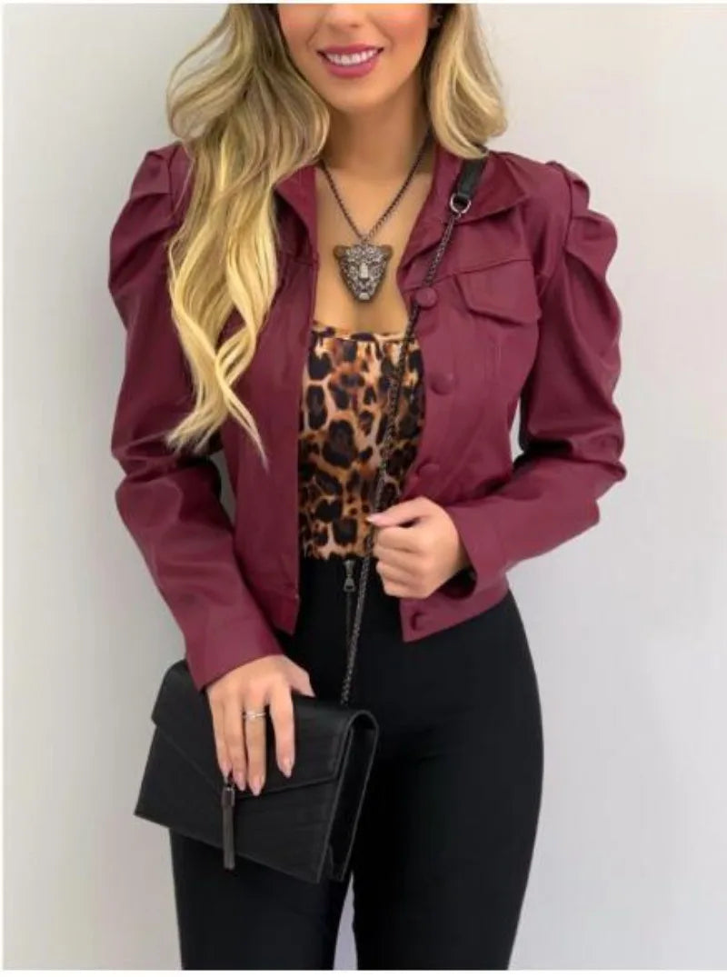 Women's Fashion Collar PU Leather Short Cardigan Jacket Fashionable Street Style Commuting Jacket Casual Versatile Wear