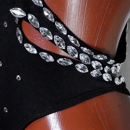 rhinestHollow Out Sexy Black Women Bodysuit pants Sets Long Sleeve Turtleneck Bodysuits Clubwear Costumes Stars Hot Singer Stage