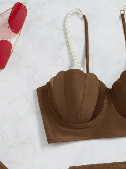 New Swimsuit Women Three Piece Set Solid Blue/Red/Orange/Black Summer Bikini European American Scallop 2024 Swimsuits Wholesale