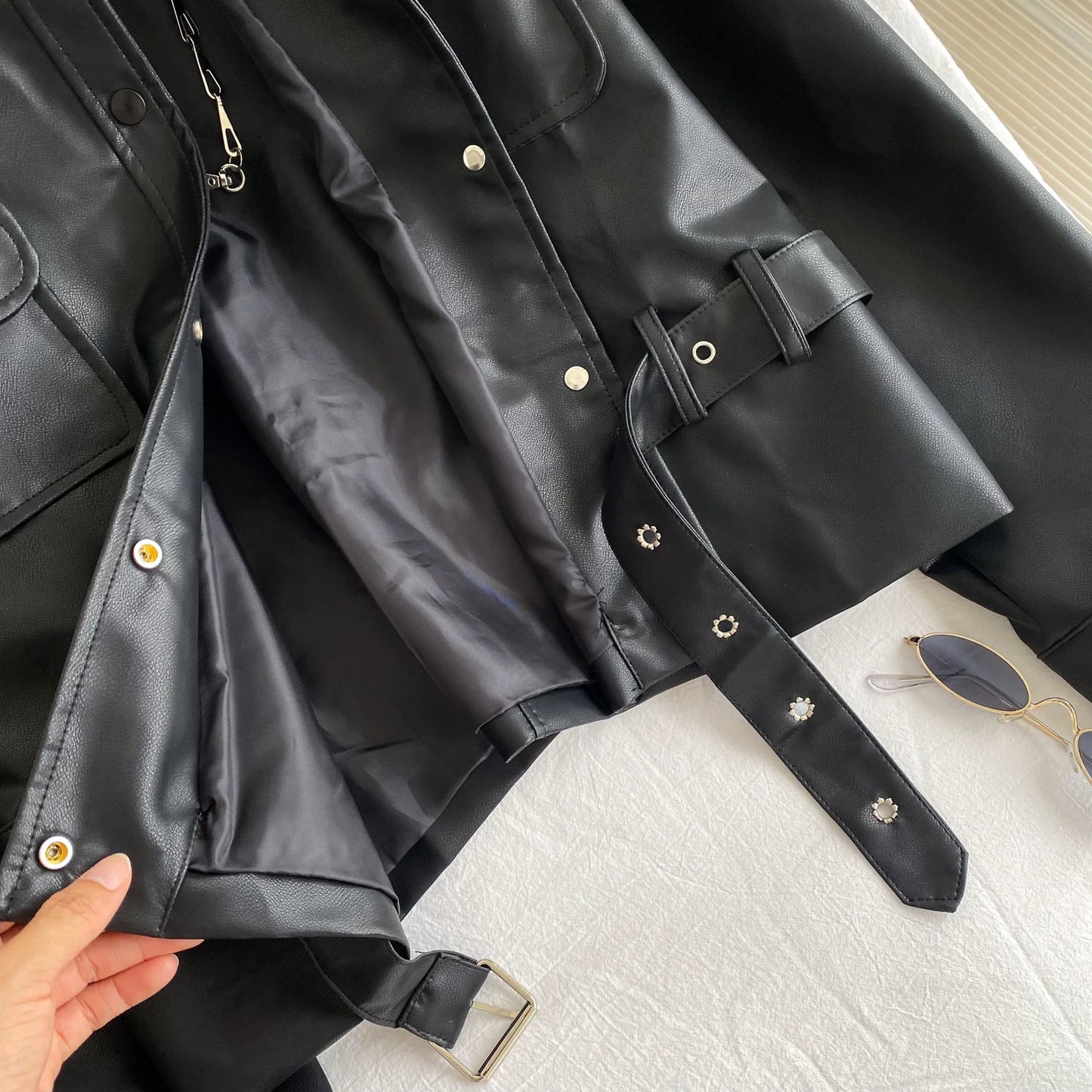 Fashion Tied Waist Long Sleeved Jacket for Women Autumn 2025 Casual Pocket Leather Jackets