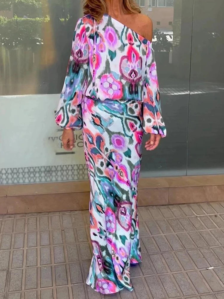 Autumn Casual Loose Print Two-piece Women Off Shoulder T-shirt Asymmetrical Long Sleeved Top And Half Body Fishtail Skirt Set