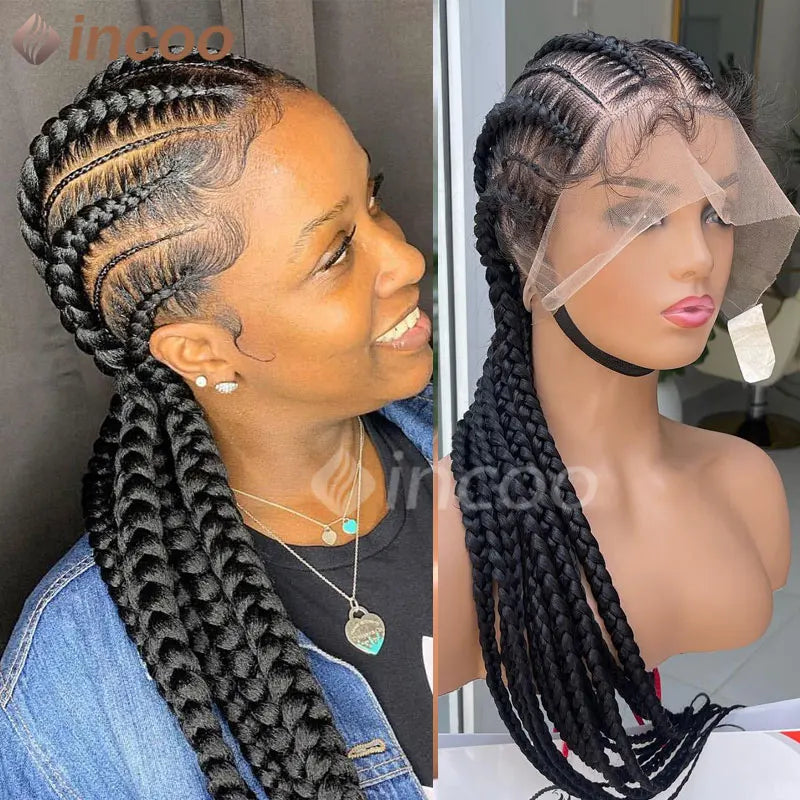 36 Inches Cornrows Braided Wigs Synthetic Full Lace Wig For Black Women Jumbo Braided Wigs Lace Frontal Faux Locs Box Braids Wig