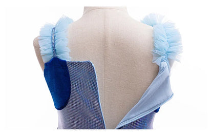 Back view of a blue dog tutu dress for girls featuring soft tulle straps and a layered design