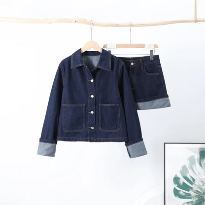 Denim Skirt Women Set Casual Long Sleeve Lapel Pocket Button Jacket Pleated Min Skirts 2025 Spring Summer Lady Suit