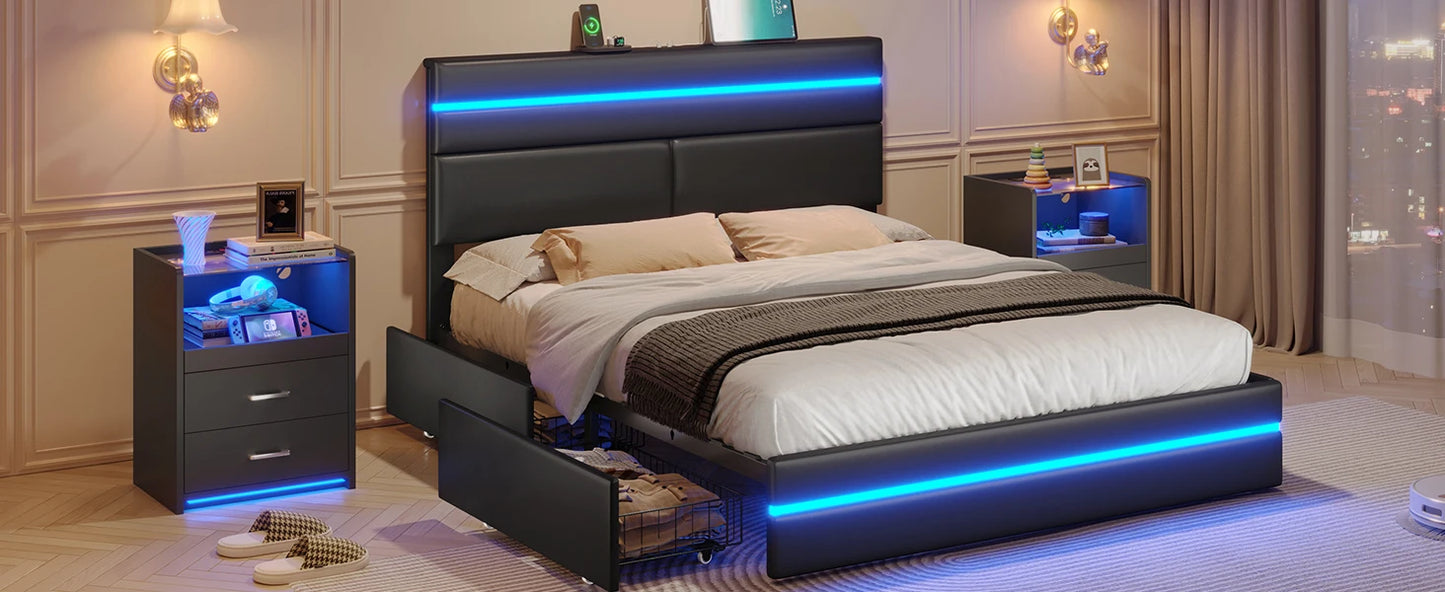 King Size Bed Frame w 4 Storage Drawers,Charging Station and LED Lights,Upholstered Bed Frame w Button Tufted Wingback Headboard