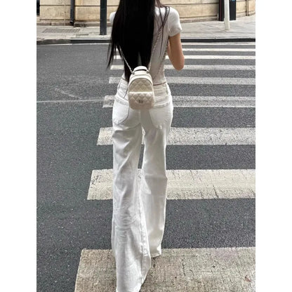 Fashionable White Low Waist Slightly Flared Jeans for Women, Fashionable and Versatile Casual Loose Wide-leg Bell-flop Pants