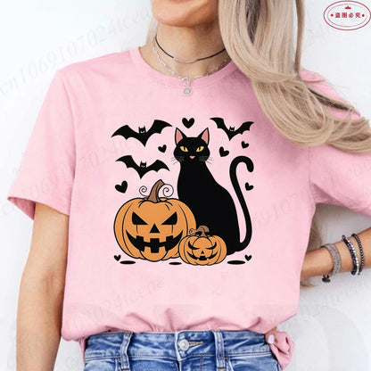Black Cat Halloween Print Women's Summer T-shirt Casual Clothing Oversized Y2k Personality Short Sleeve Tops Spooky Season Tees