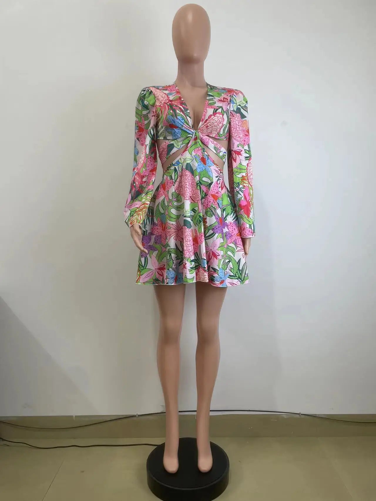 Two Piece Sets Women Skirt Set Print Floral Matching Sets V Neck Flare Sleeve Top Short Skirts Dress Sets Lace Up High Waist