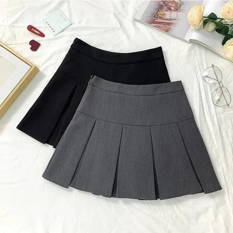 ZOKI  Vintage Gray Pleated Skirt Women Kawaii High Waist Mini Skirts Korean Fashion School Uniform Harajuku Streetwear Spring
