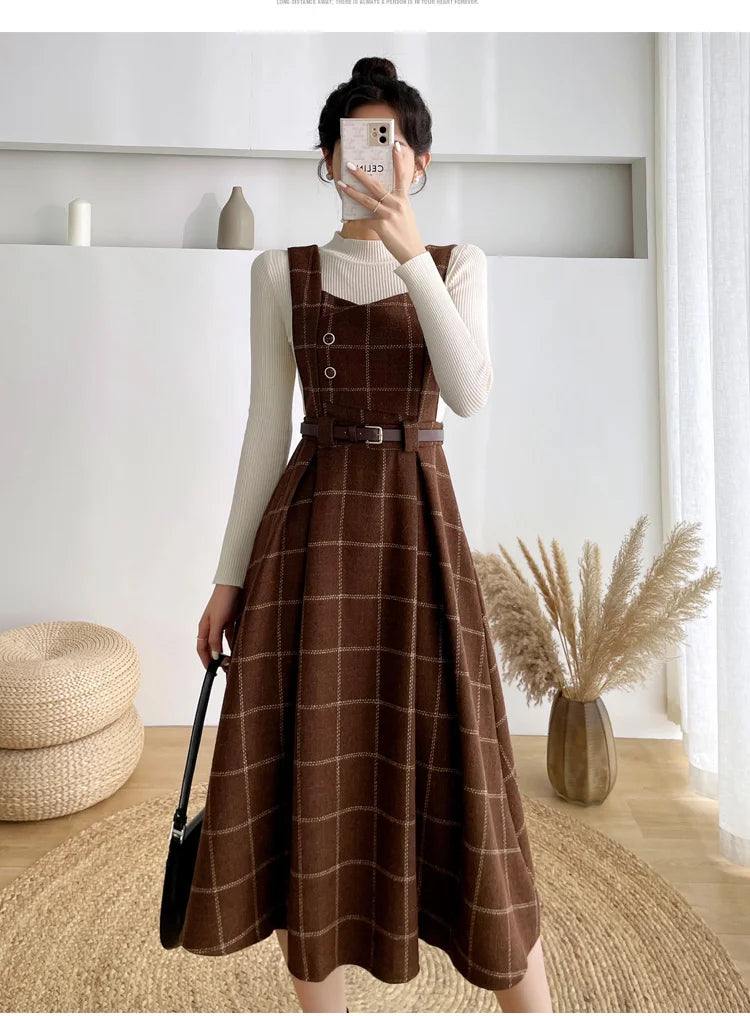 High Quality Fall Winter Women Sweater Overalls Dress Sets Casual Knitted Tops +Plaid Woolen Dress 2 Piece Sets Outfits Female