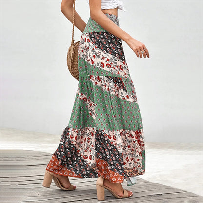 Women Skirts New Fashion All-Match Skirt Loose Elastic Waist Floral Print Ethenic Style Boho Skirt Bohemian Vintage Skirt