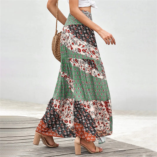 Women Skirts New Fashion All-Match Skirt Loose Elastic Waist Floral Print Ethenic Style Boho Skirt Bohemian Vintage Skirt