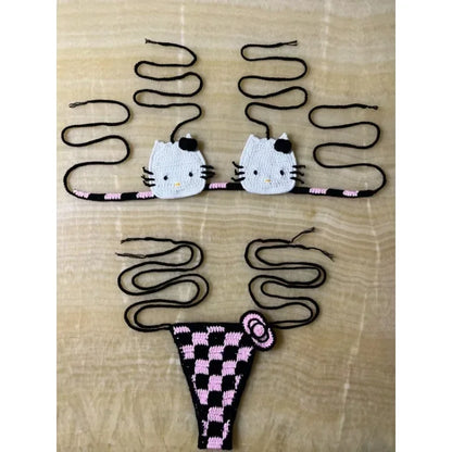 Sanrio Crochet Bikini Set Cute Girls Swimsuits Hello Kitty Sexy Bathing Suit Micro Ties Bikinis Beachwear Women Swimming Suit