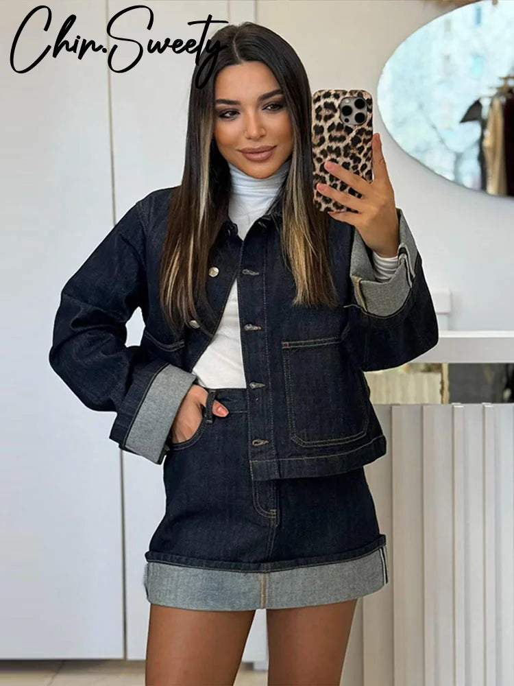 Denim Skirt Women Set Casual Long Sleeve Lapel Pocket Button Jacket Pleated Min Skirts 2025 Spring Summer Lady Suit