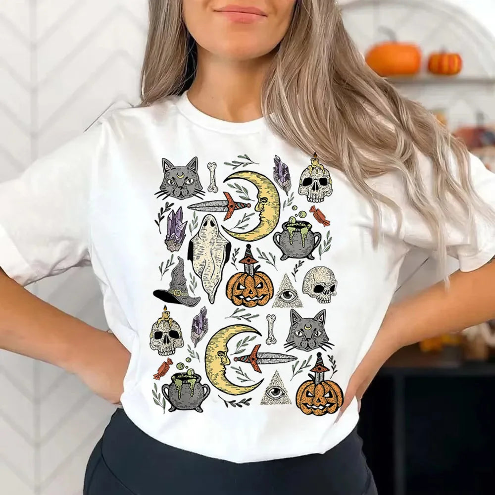 Festive Halloween witch shirt women featuring pumpkins, ghosts, and skull designs in a playful arrangement