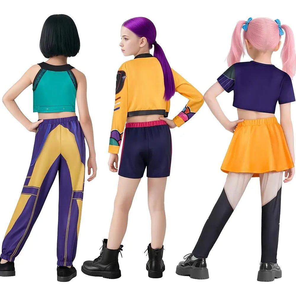 Back view of three children wearing Zoey Rumi kids costume colorful dance cosplay sets with jackets