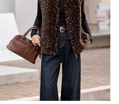 Winter fashion  casual senior sense thin  fur integrated leopard print vest warm top clothing  chalecos para mujer