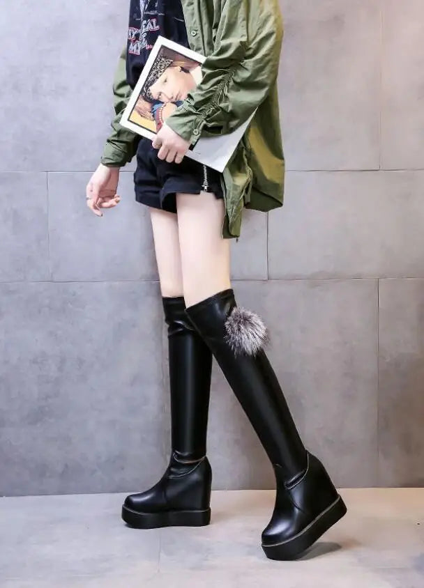 Knee Thigh High New In Women's Boots Genuine Leather Fur Long Shoes for Women Winter 2025 Wedges Chunky Platform Heeled Black
