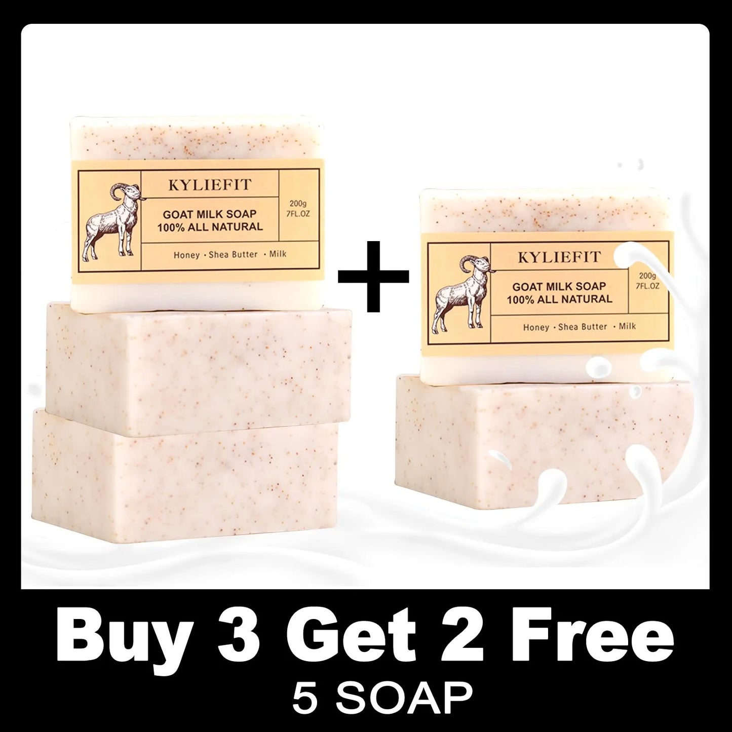 KYLIEFIT Goat Milk Soap Bar, 100% All Natural, Lightening, Cleaning, Moisturizing, With Honey, Shea Butter, Milk, 200g/ 7 oz