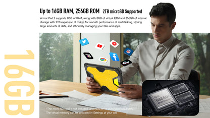 Ulefone Armor Pad 2 Rugged Tablet, 11" 2K, 18600 mAh ,IP68/IP69K Android 13 NFC GPS 4G Tablet Up to16GB +256GB LED Camping light