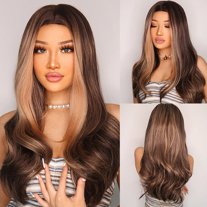 Element Medium Length Synthetic Straight Natural Brown Wigs with Side Bangs Heat Resistant Party Wigs for White/Black Women