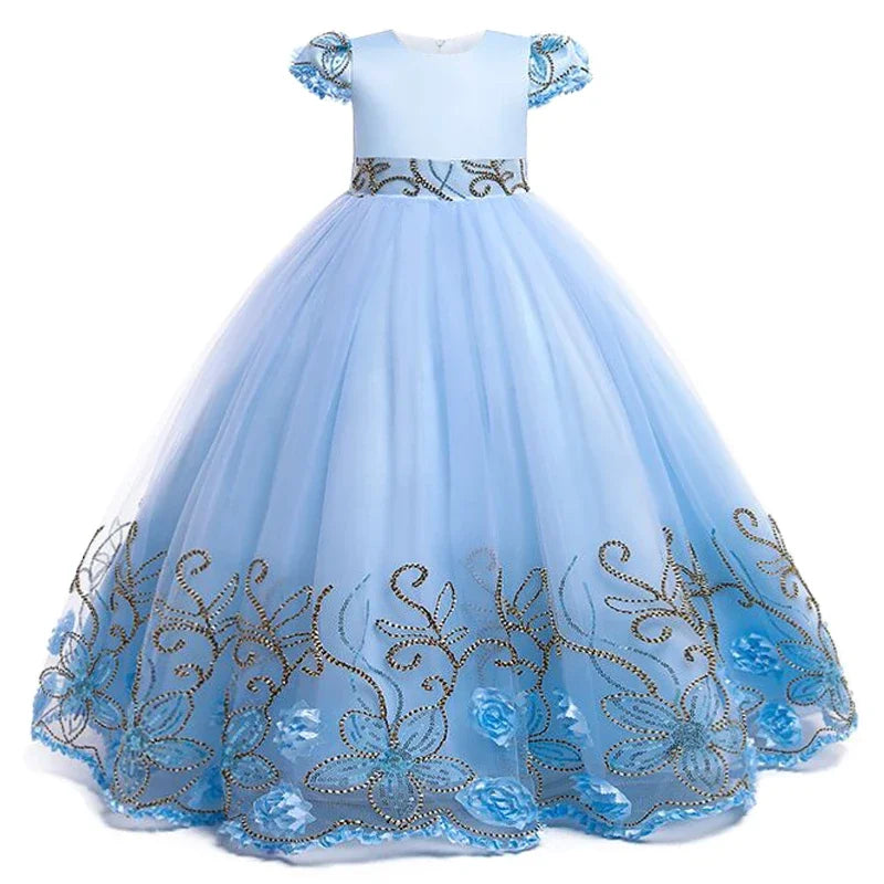 Girls sequin children's gown with embroidered bow and lacing
