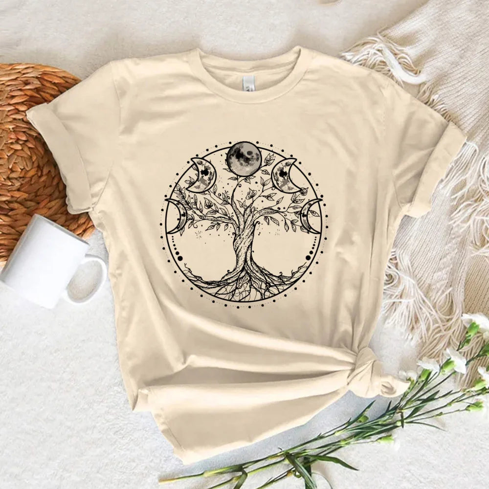 EtherealBe Halloween witch shirt women featuring a mystical tree design with moon phases