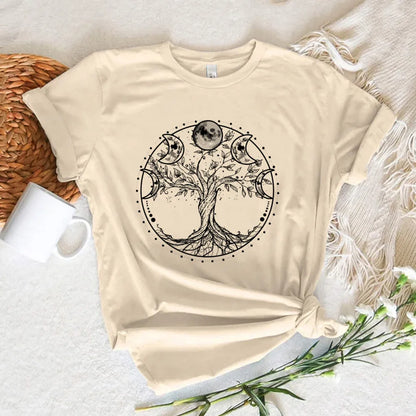 EtherealBe Halloween witch shirt women featuring a mystical tree design with moon phases